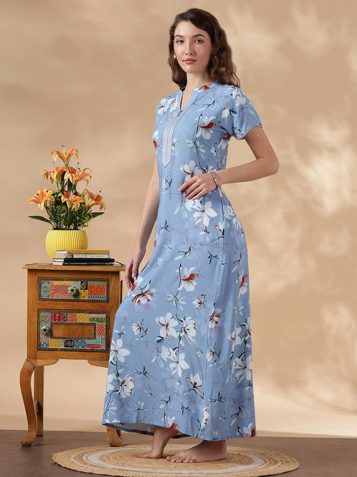 Sky Blue Rayon Designer Nighty for Women with Floral Print
