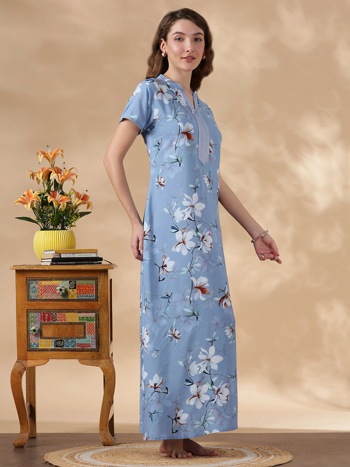 Sky Blue Rayon Designer Nighty for Women with Floral Print
