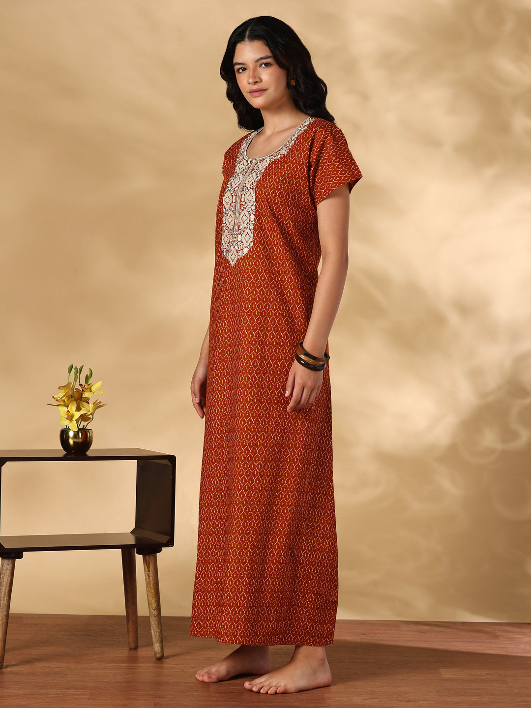 Heritage Orange Ikat Print Pure Cotton Nighty for Women