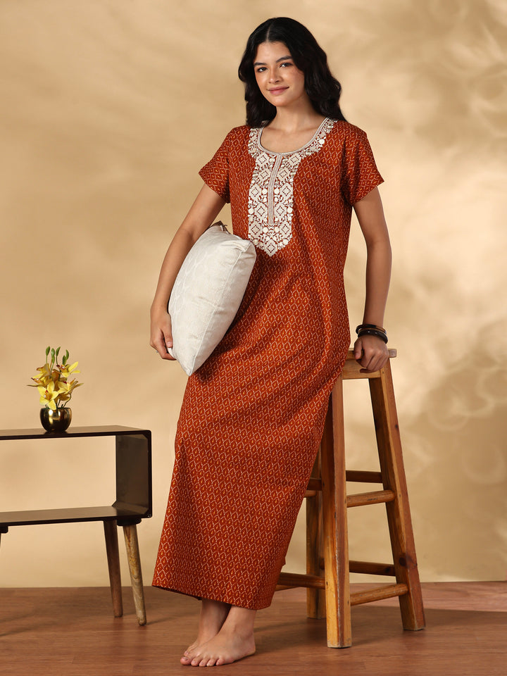 Heritage Orange Ikat Print Pure Cotton Nighty for Women