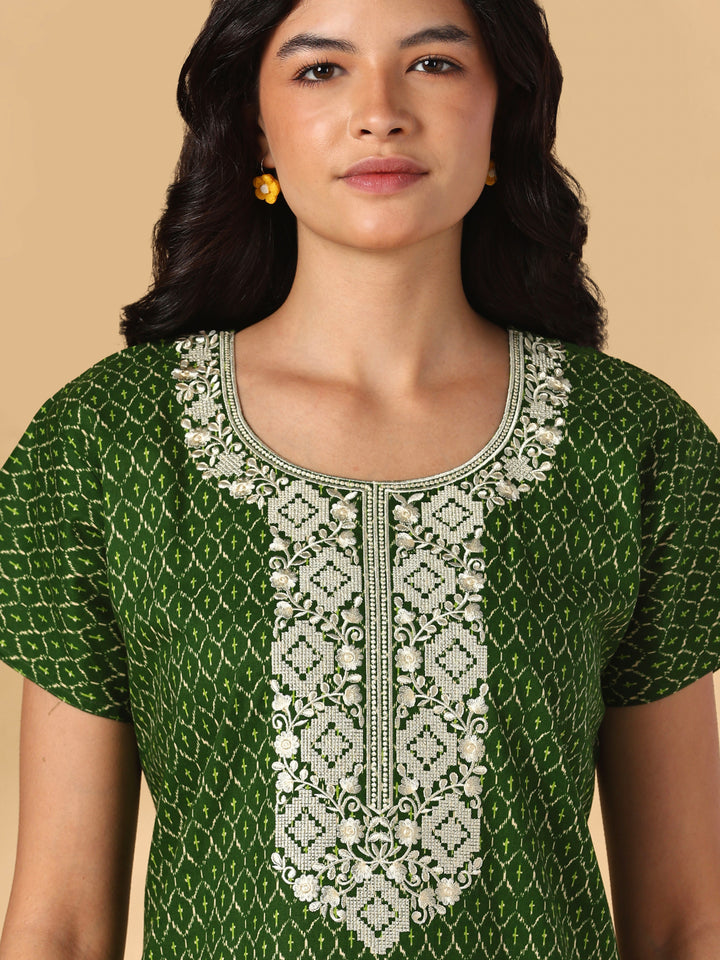 Heritage Green Ikat Print Pure Cotton Nighty for Women