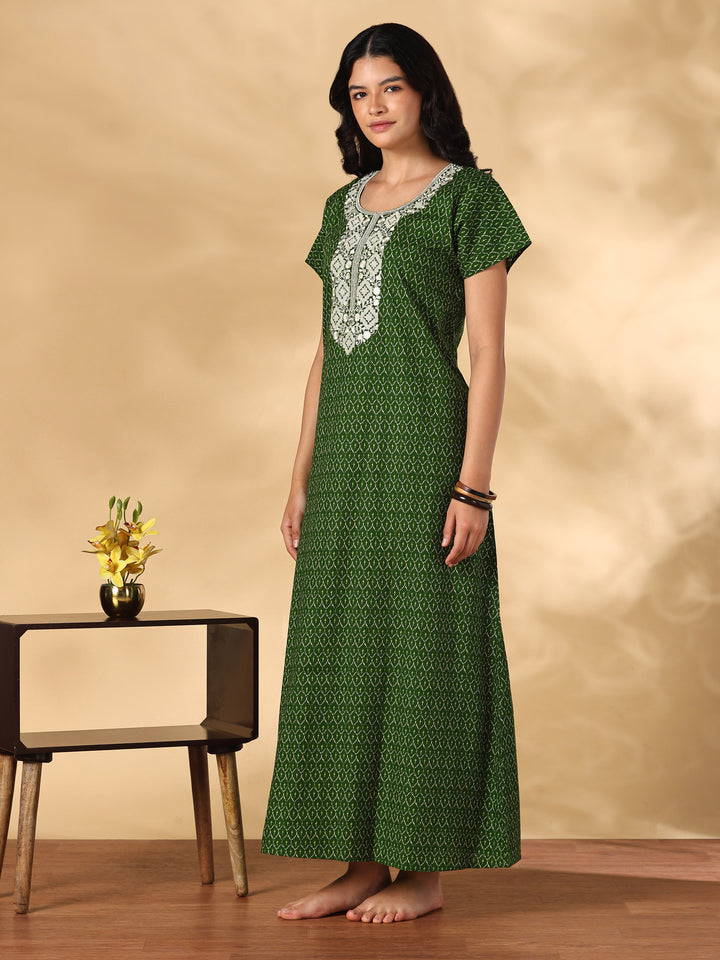 Heritage Green Ikat Print Pure Cotton Nighty for Women