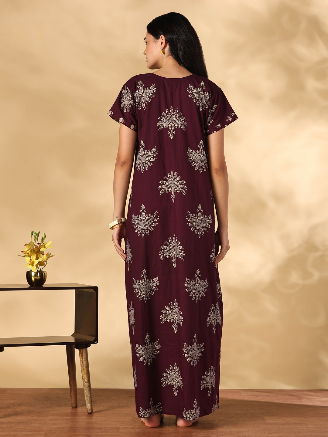 Jaipuri Print A Line Pure Cotton Nighty with Notch Neck