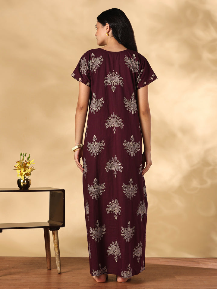 Jaipuri Print A Line Pure Cotton Nighty with Notch Neck