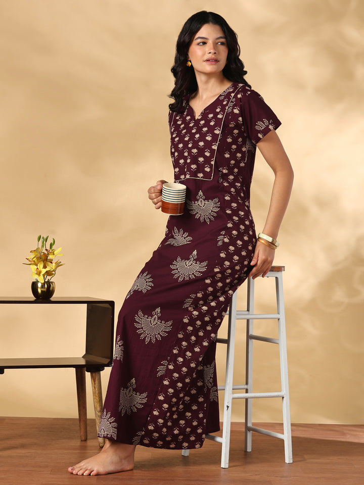 Jaipuri Print A Line Pure Cotton Nighty with Notch Neck
