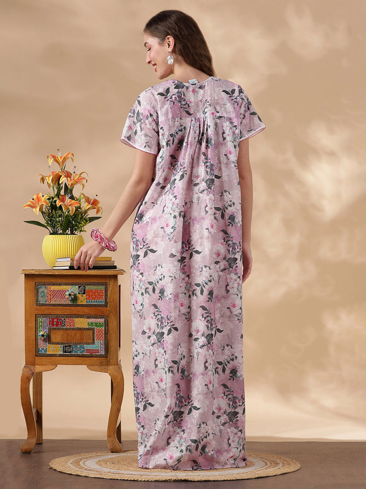 Romantic Rose Pure Cotton Embroidered Nighty for Women