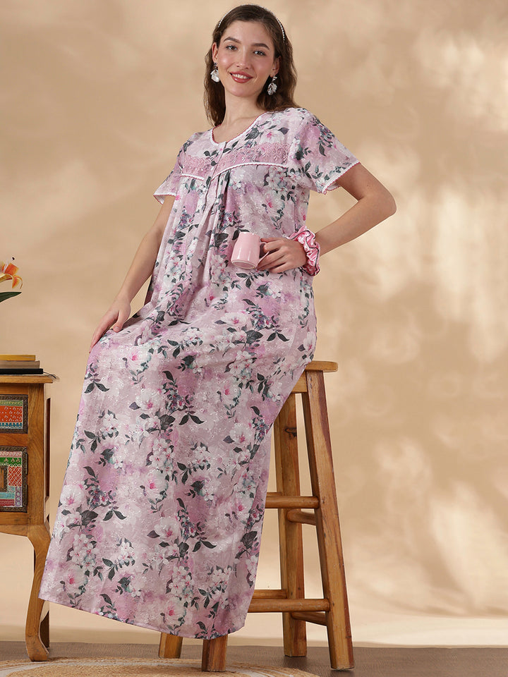 Romantic Rose Pure Cotton Embroidered Nighty for Women