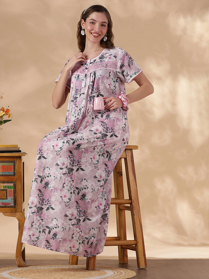 Romantic Rose Pure Cotton Embroidered Nighty for Women