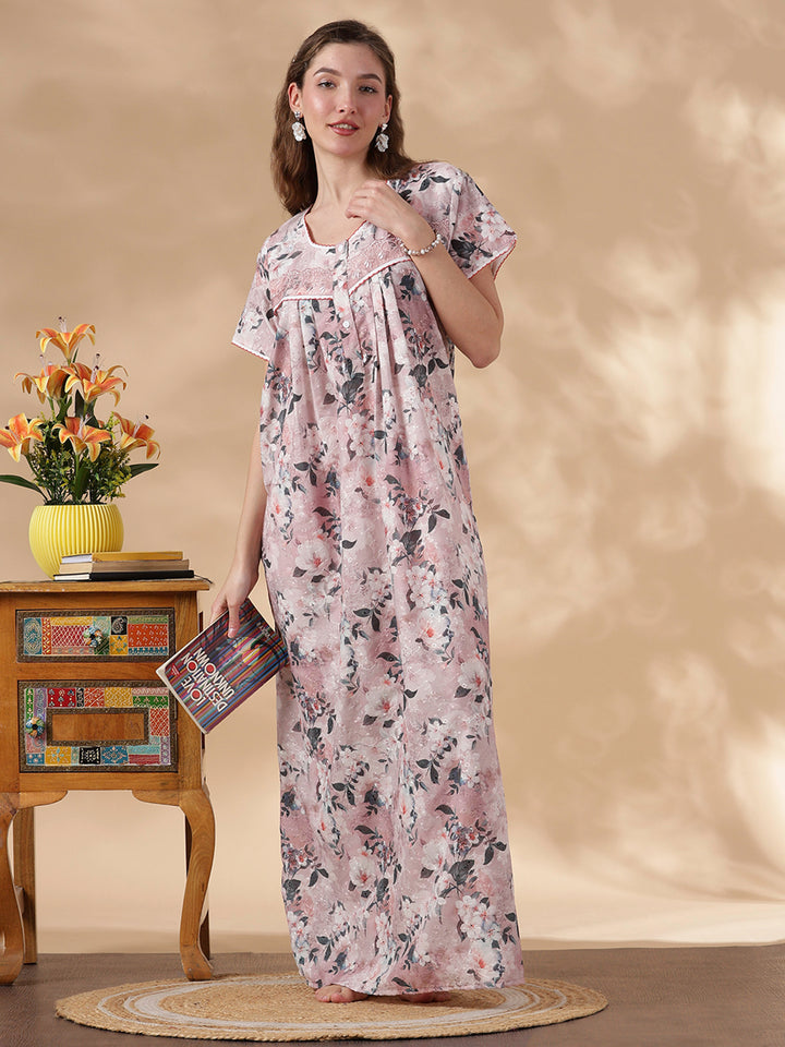 Soft Evening Hues Pure Cotton Embroidered Nighty for Women