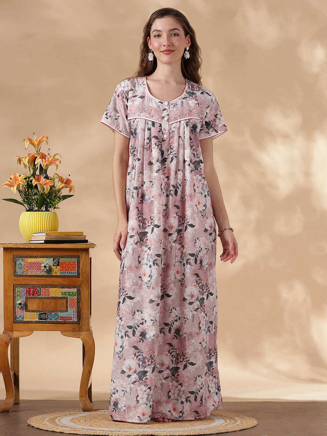 Soft Evening Hues Pure Cotton Embroidered Nighty for Women