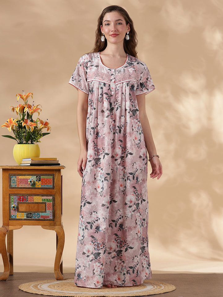 Soft Evening Hues Pure Cotton Embroidered Nighty for Women