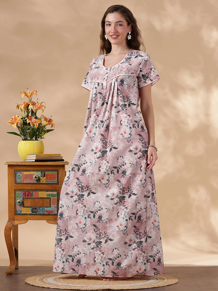 Soft Evening Hues Pure Cotton Embroidered Nighty for Women