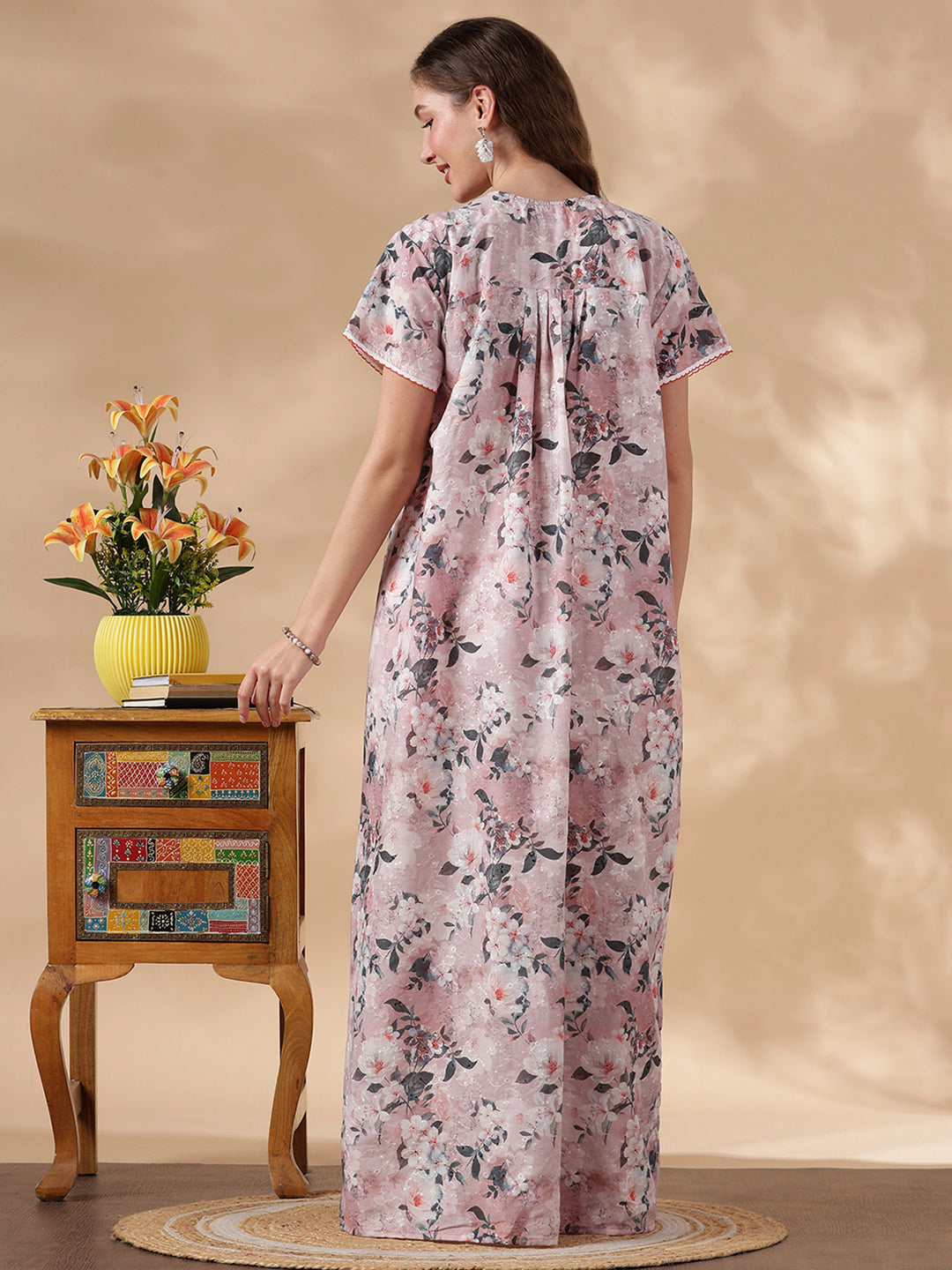 Soft Evening Hues Pure Cotton Embroidered Nighty for Women
