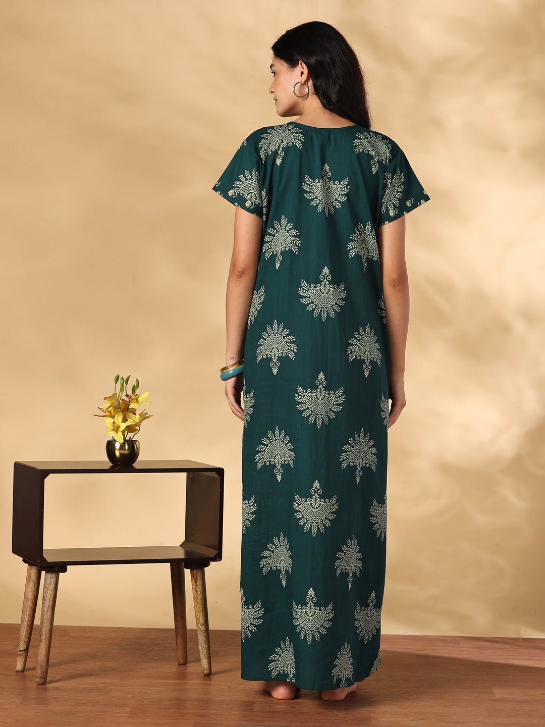 Breathable Pure Cotton Block Print Nighty with Side Pocket