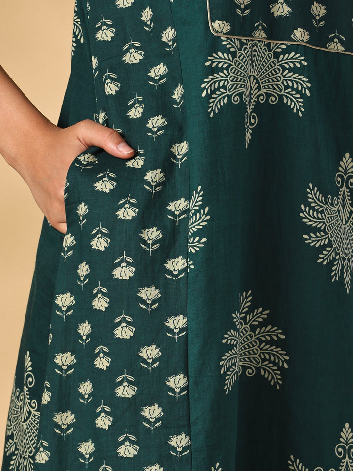 Breathable Pure Cotton Block Print Nighty with Side Pocket