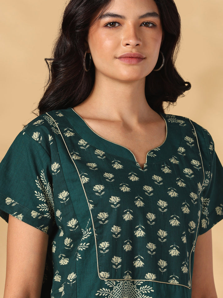 Breathable Pure Cotton Block Print Nighty with Side Pocket