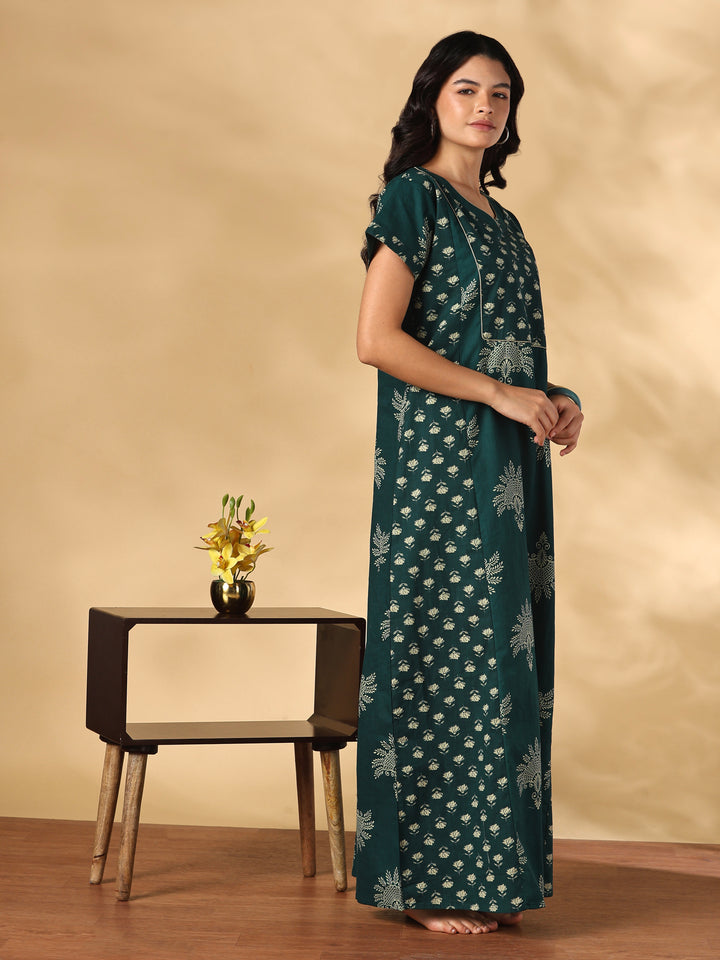 Breathable Pure Cotton Block Print Nighty with Side Pocket