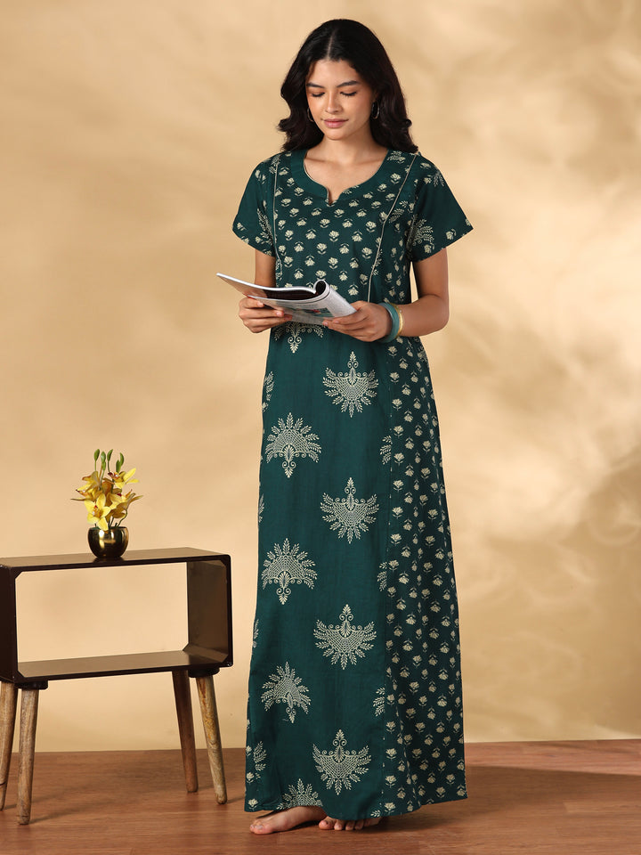 Breathable Pure Cotton Block Print Nighty with Side Pocket