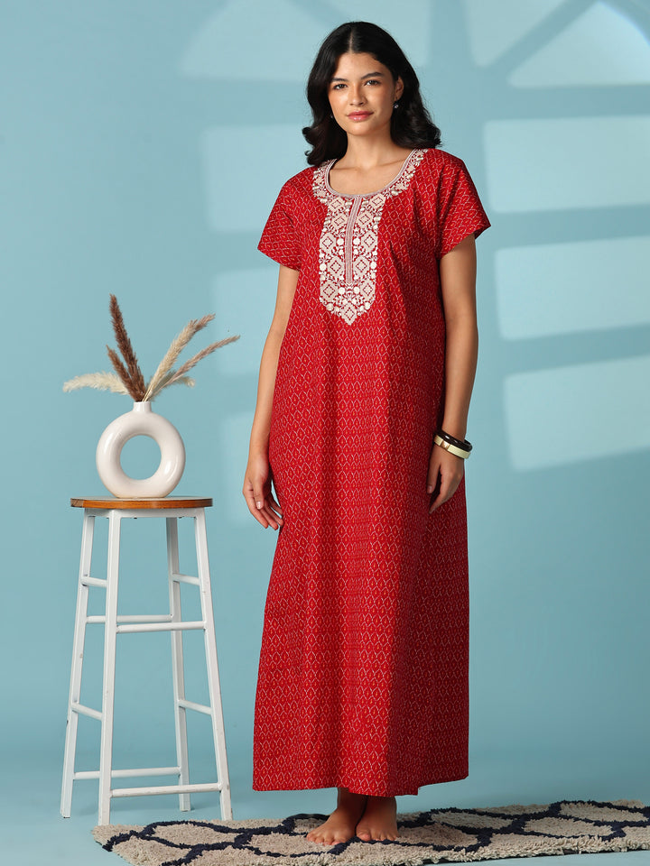 Heritage Ruby Ikat Print Pure Cotton Nighty for Women