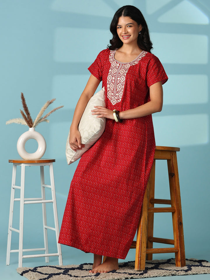 Heritage Ruby Ikat Print Pure Cotton Nighty for Women