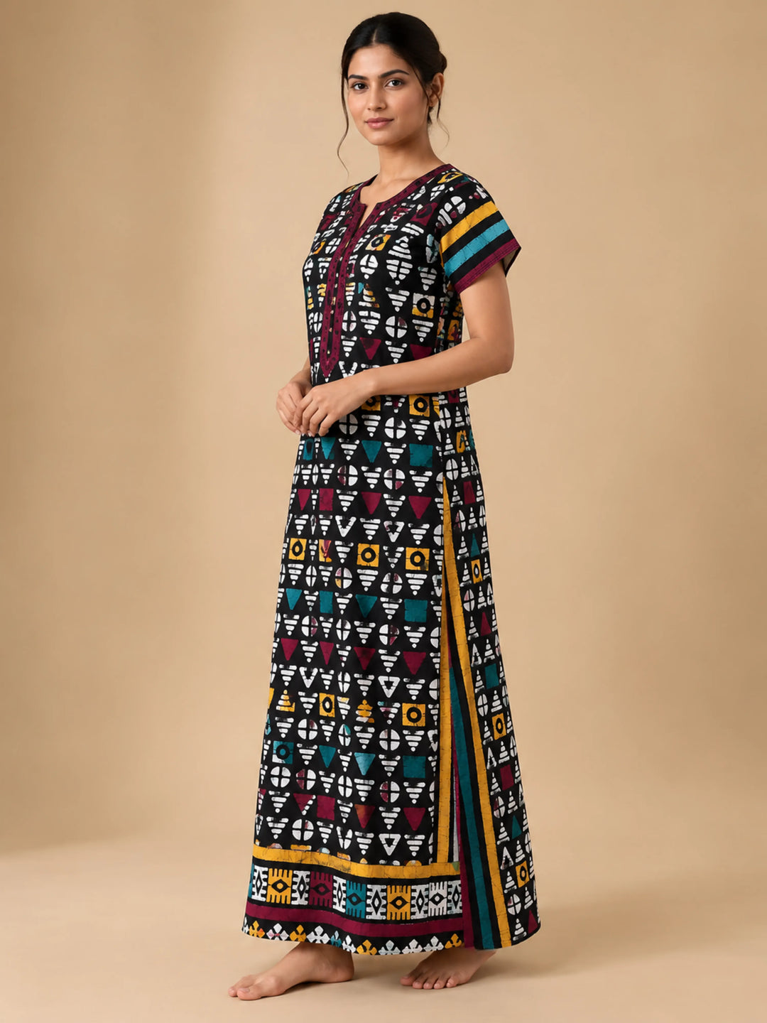 Black Rangrez Batik Print Pure Cotton Nighty for Women