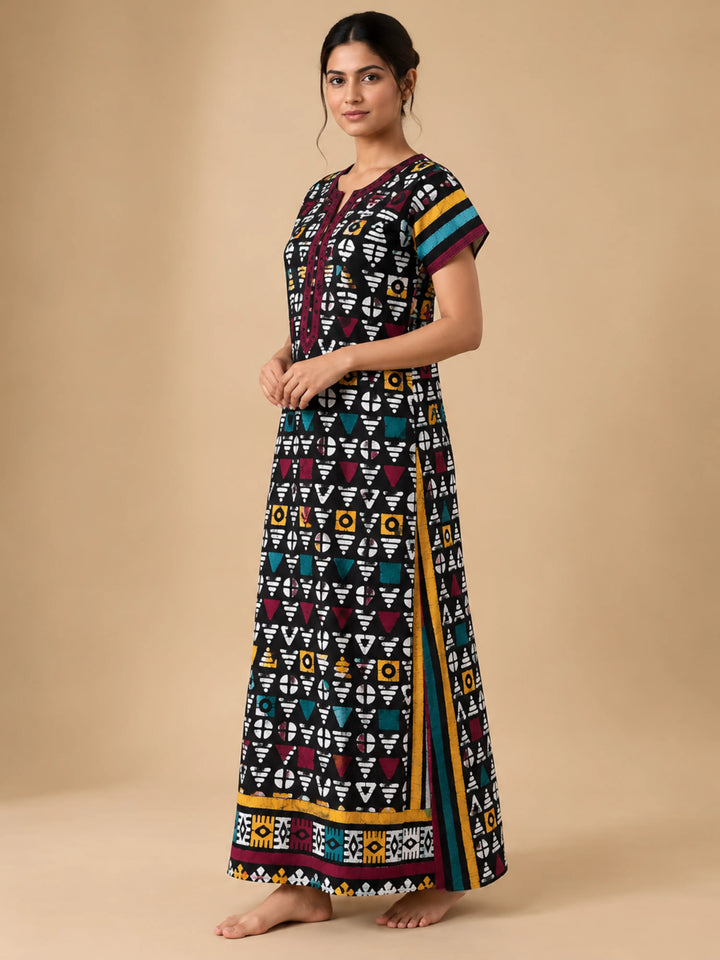 Black Rangrez Batik Print Pure Cotton Nighty for Women