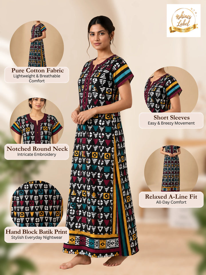 Black Rangrez Batik Print Pure Cotton Nighty for Women