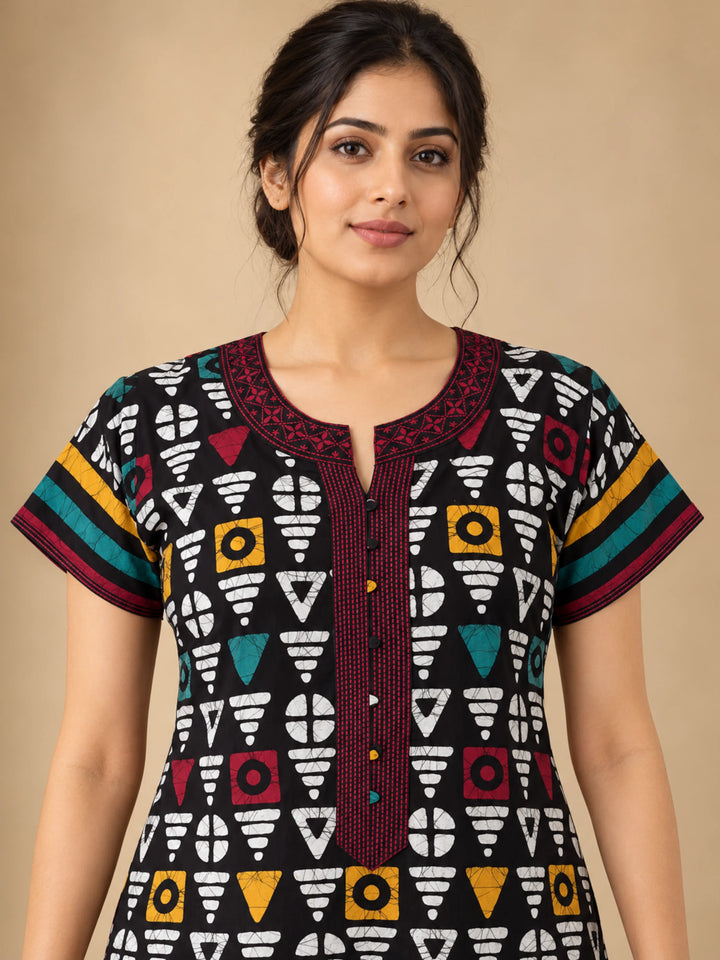 Black Rangrez Batik Print Pure Cotton Nighty for Women