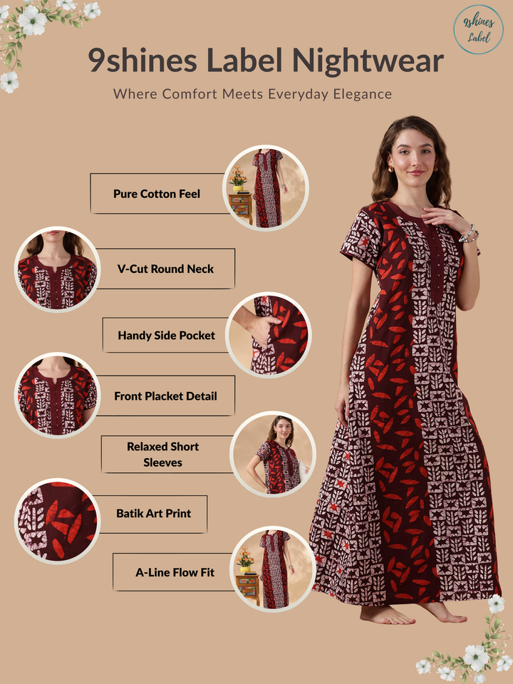 Pure Cotton Jaipuri Batik Nighty for Women Maroon Brick Soft Daily Wear
