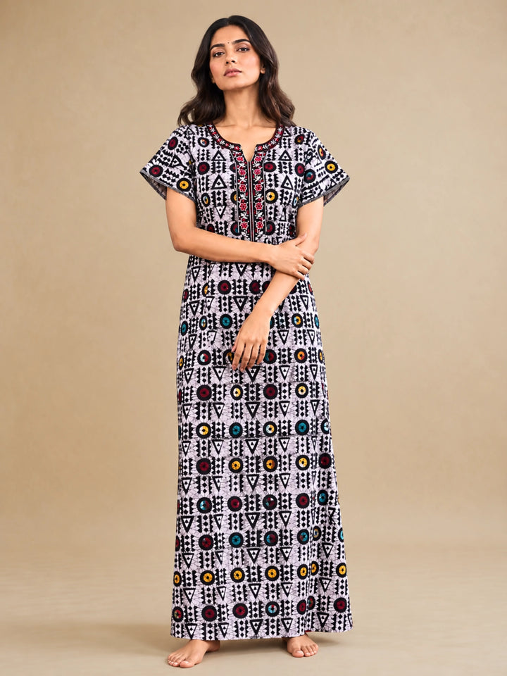 Black Batik Print Pure Cotton Nighty for Women