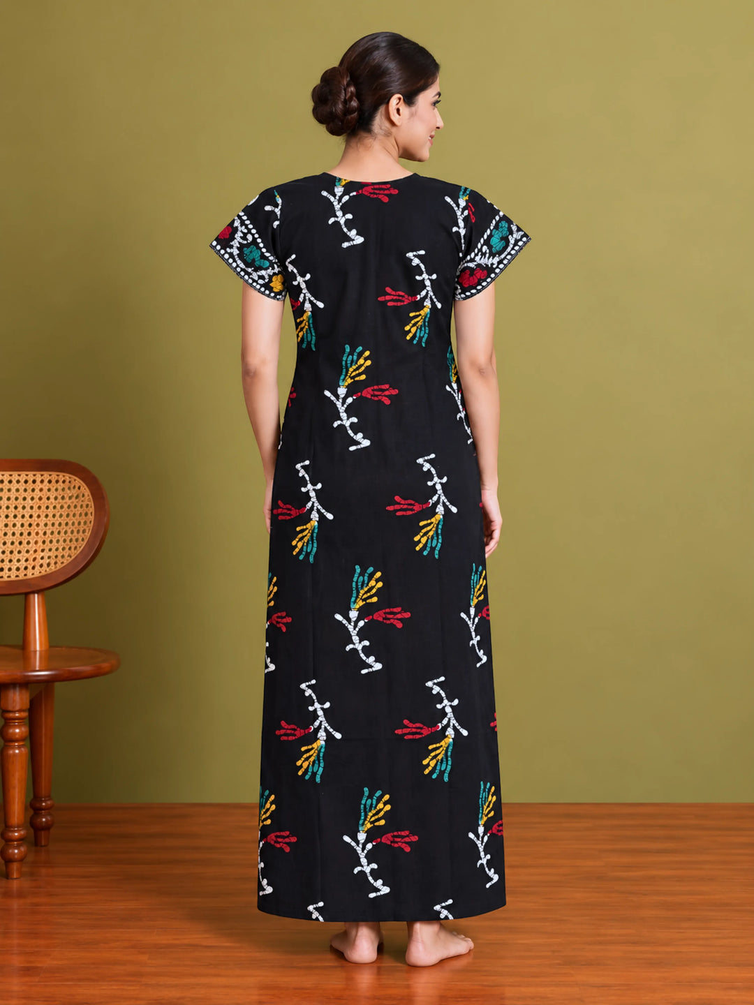 Black Flora Batik Print Pure Cotton Nighty for Women