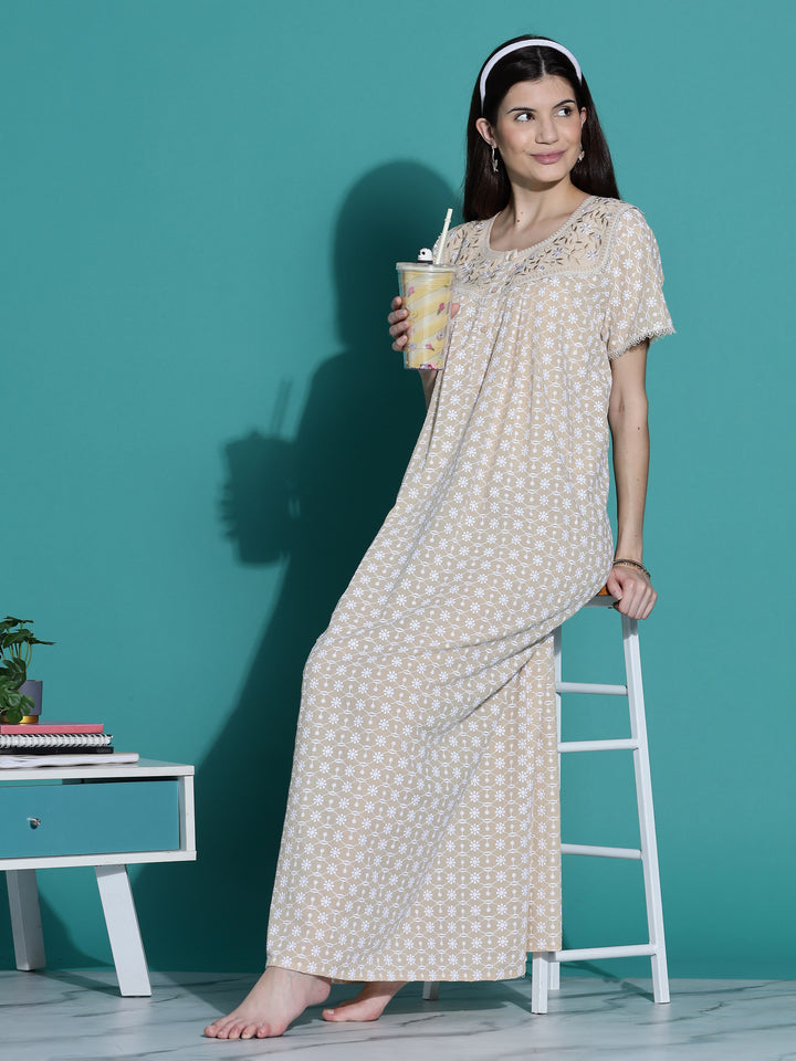 Beige Chikankari Pure Cotton Nighty for Women