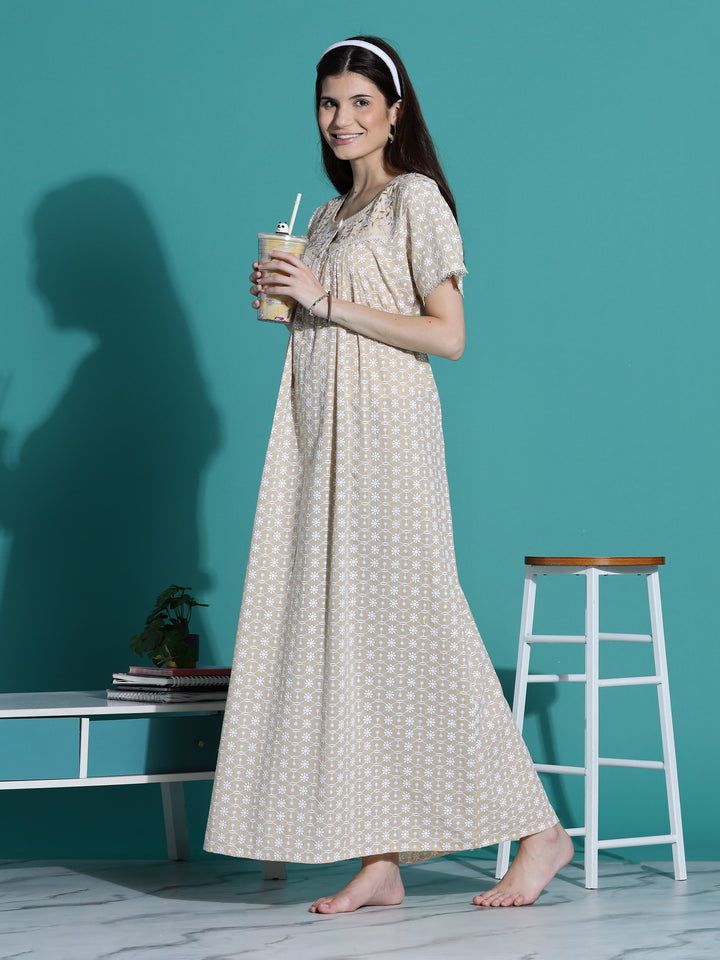 Beige Chikankari Pure Cotton Nighty for Women