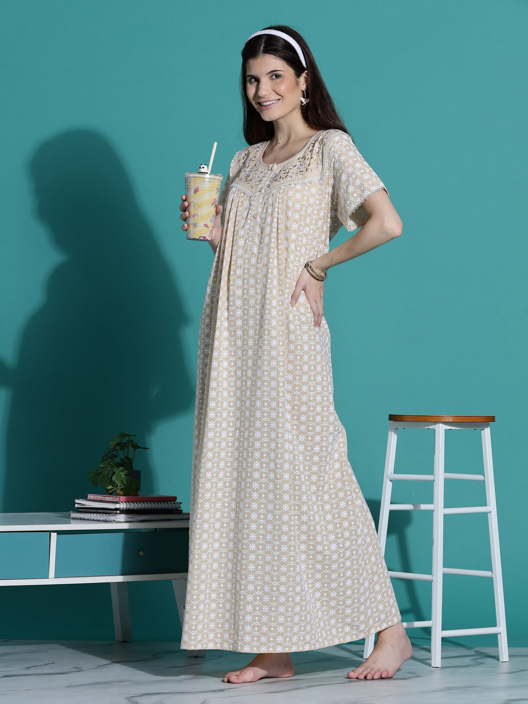 Beige Chikankari Pure Cotton Nighty for Women
