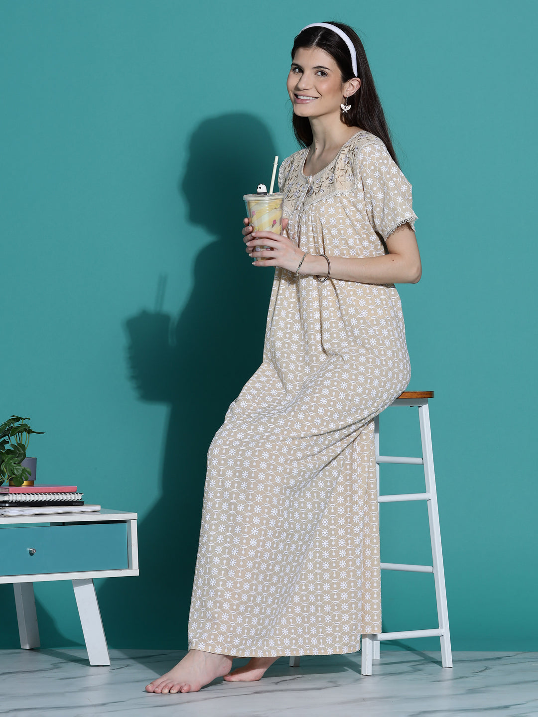 Beige Chikankari Pure Cotton Nighty for Women