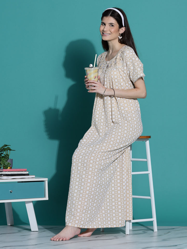 Beige Chikankari Pure Cotton Nighty for Women