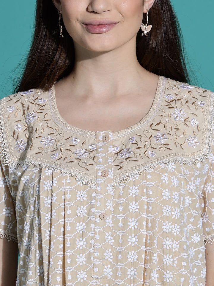 Beige Chikankari Pure Cotton Nighty for Women