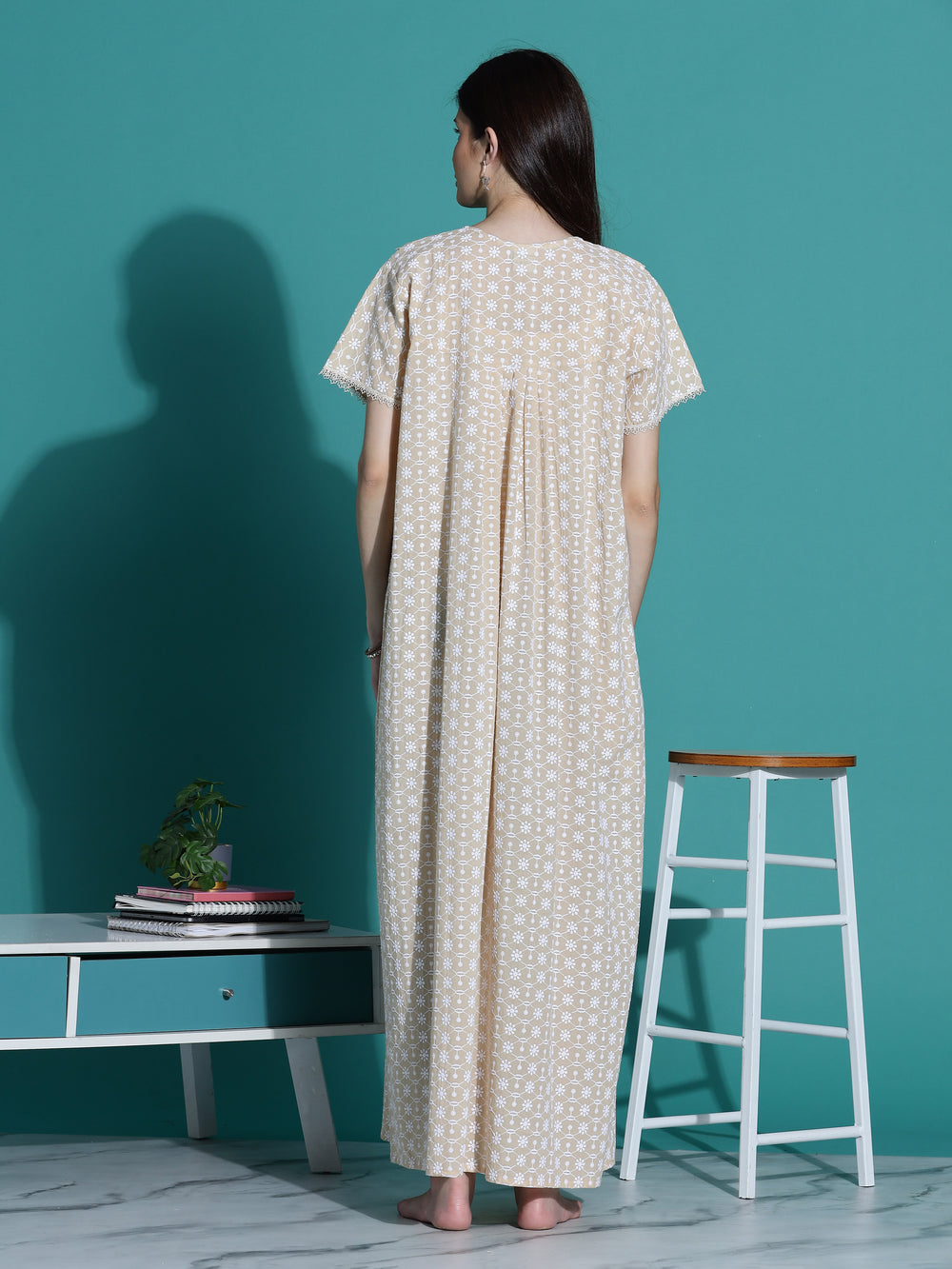 Beige Chikankari Pure Cotton Nighty for Women