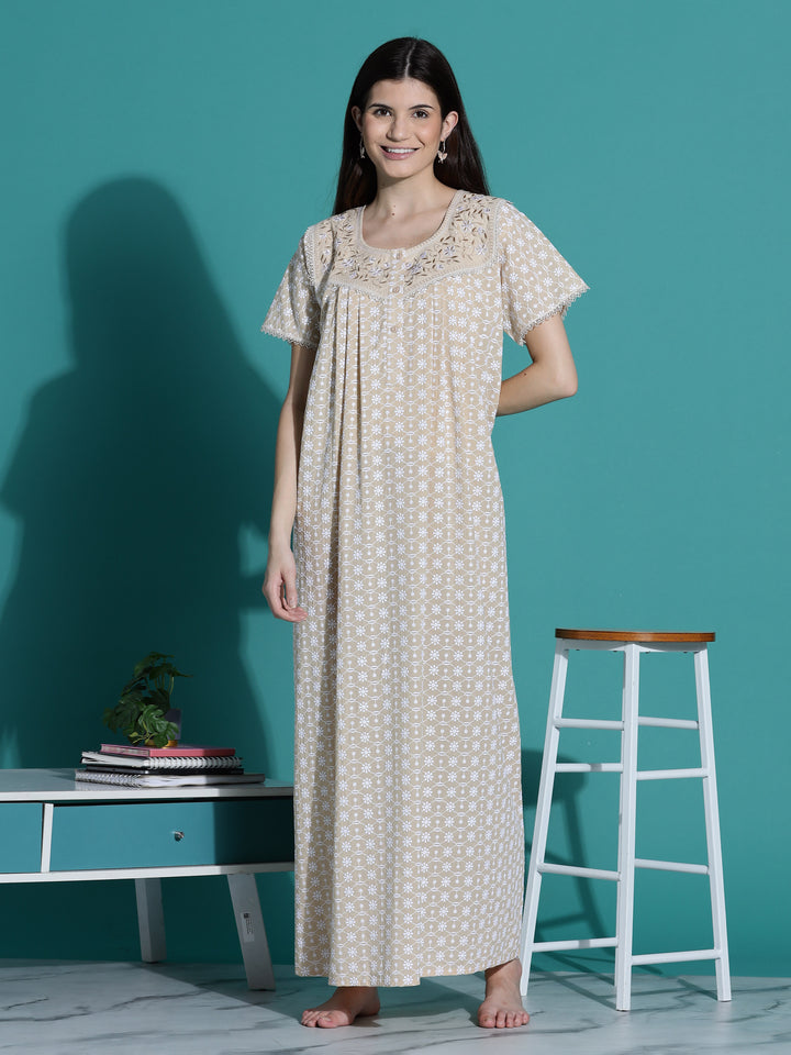 Beige Chikankari Pure Cotton Nighty for Women