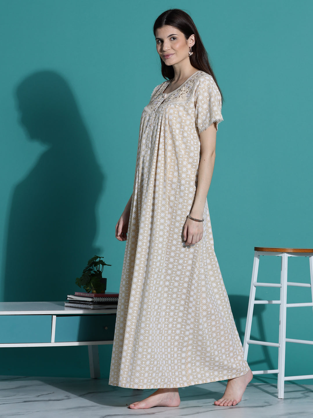 Beige Chikankari Pure Cotton Nighty for Women