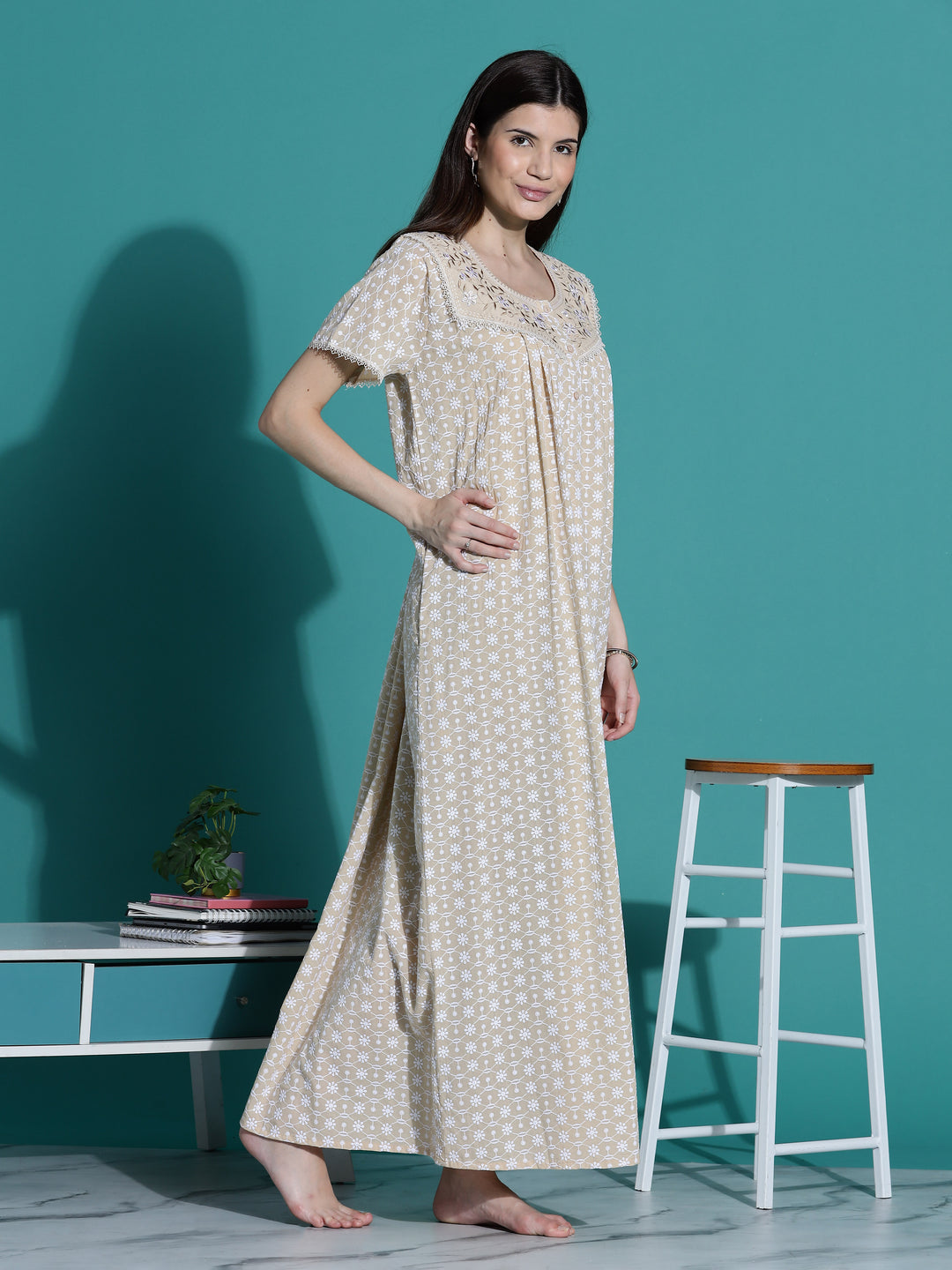 Beige Chikankari Pure Cotton Nighty for Women