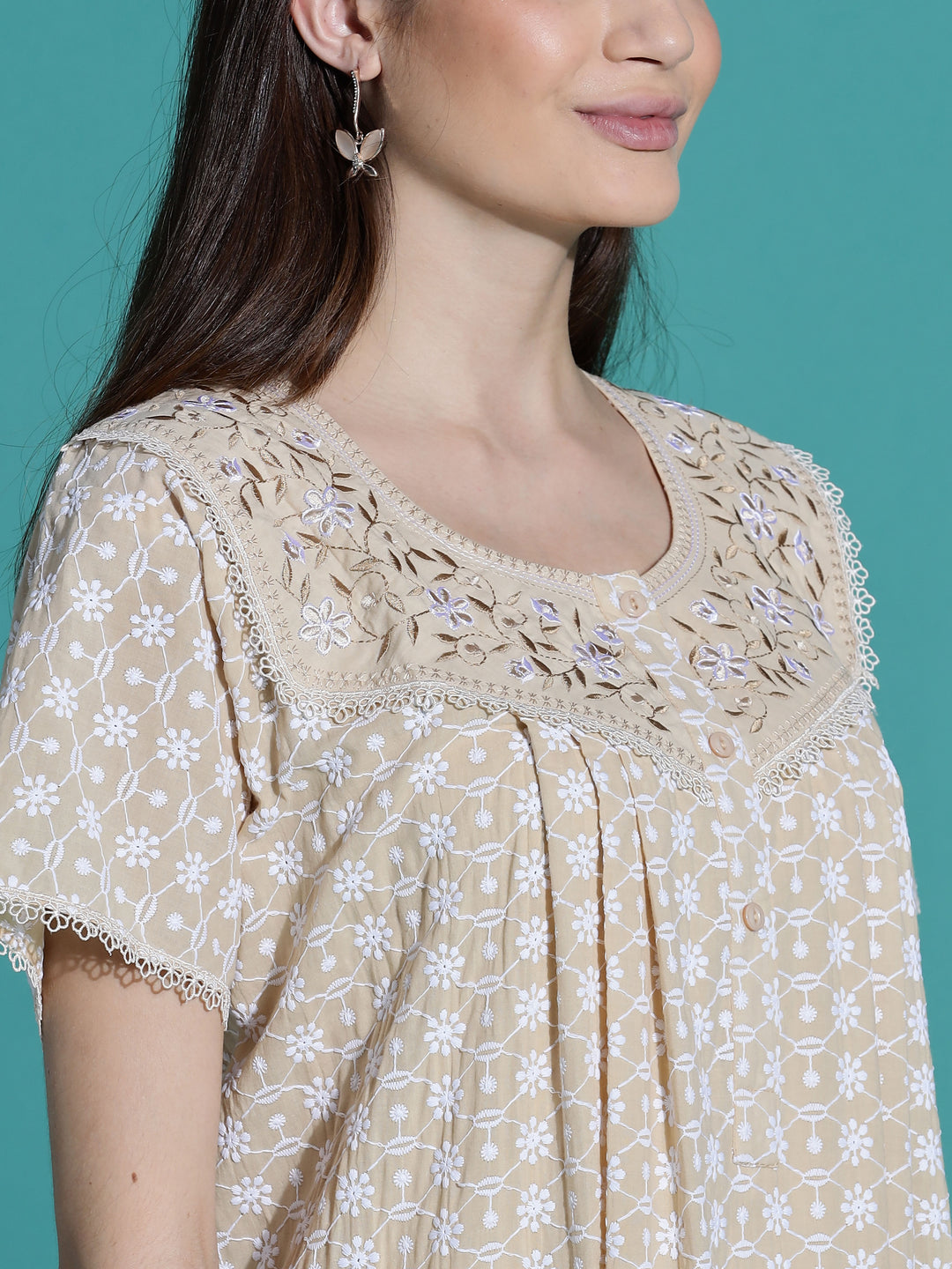 Beige Chikankari Pure Cotton Nighty for Women