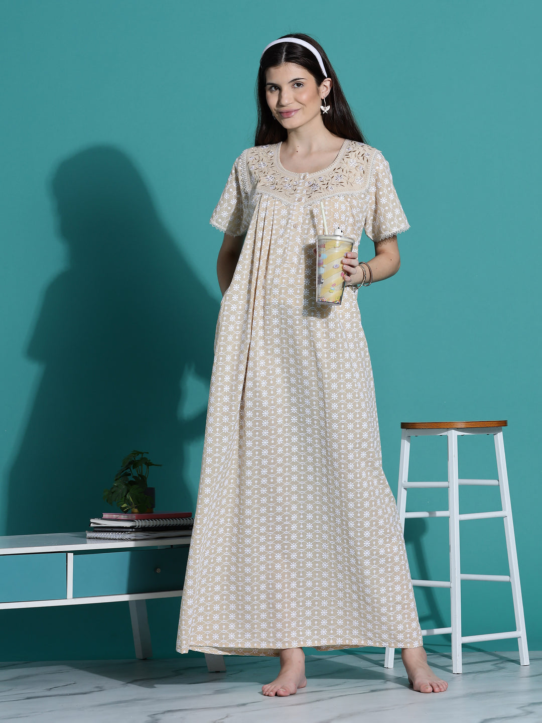 Beige Chikankari Pure Cotton Nighty for Women