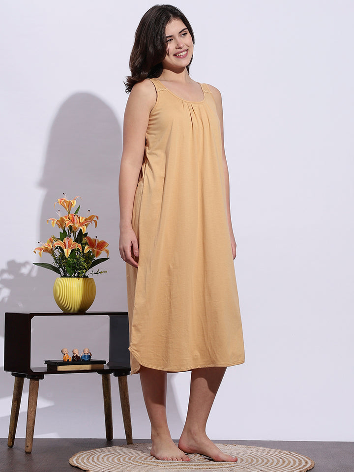 Beige A Line Hosiery Cotton Slip Sleeveless Nighty for Women