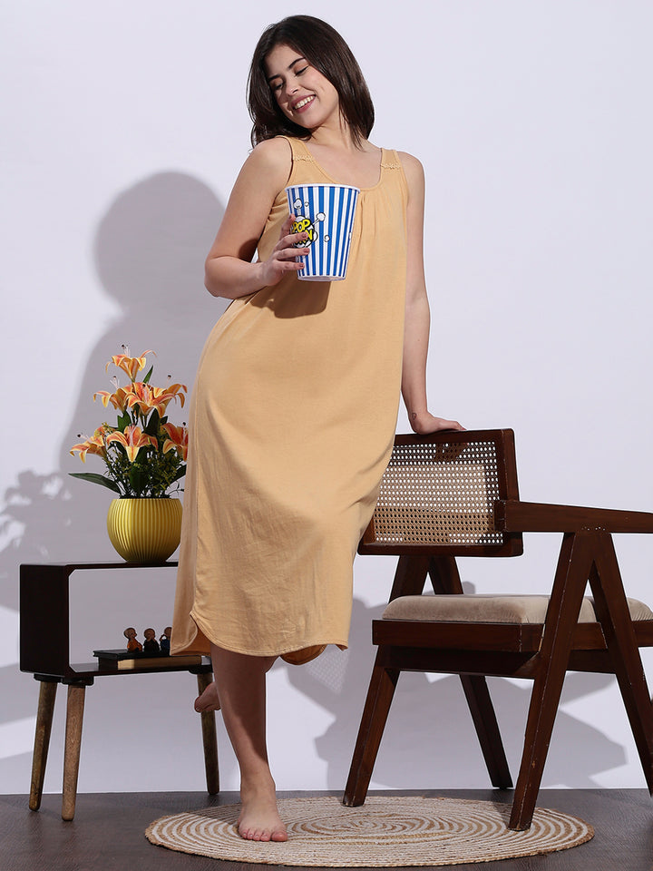 Beige A Line Hosiery Cotton Slip Sleeveless Nighty for Women