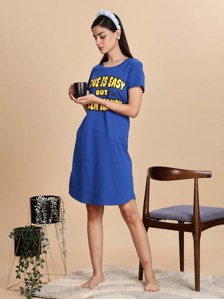 Berry Blue Printed Cotton Short Nighty For Women