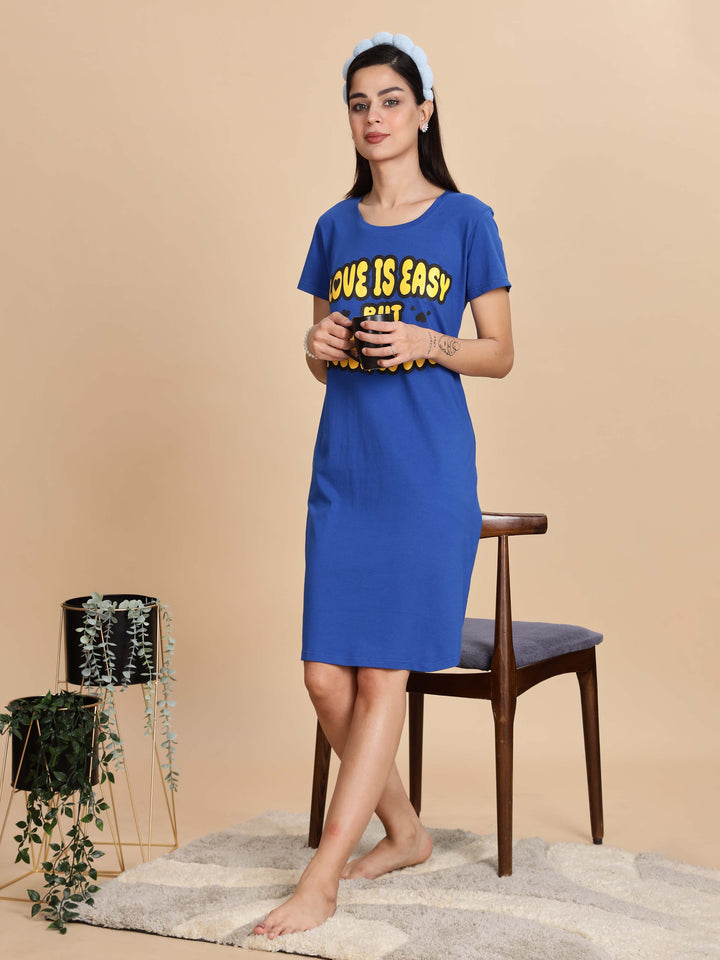 Berry Blue Printed Cotton Short Nighty For Women