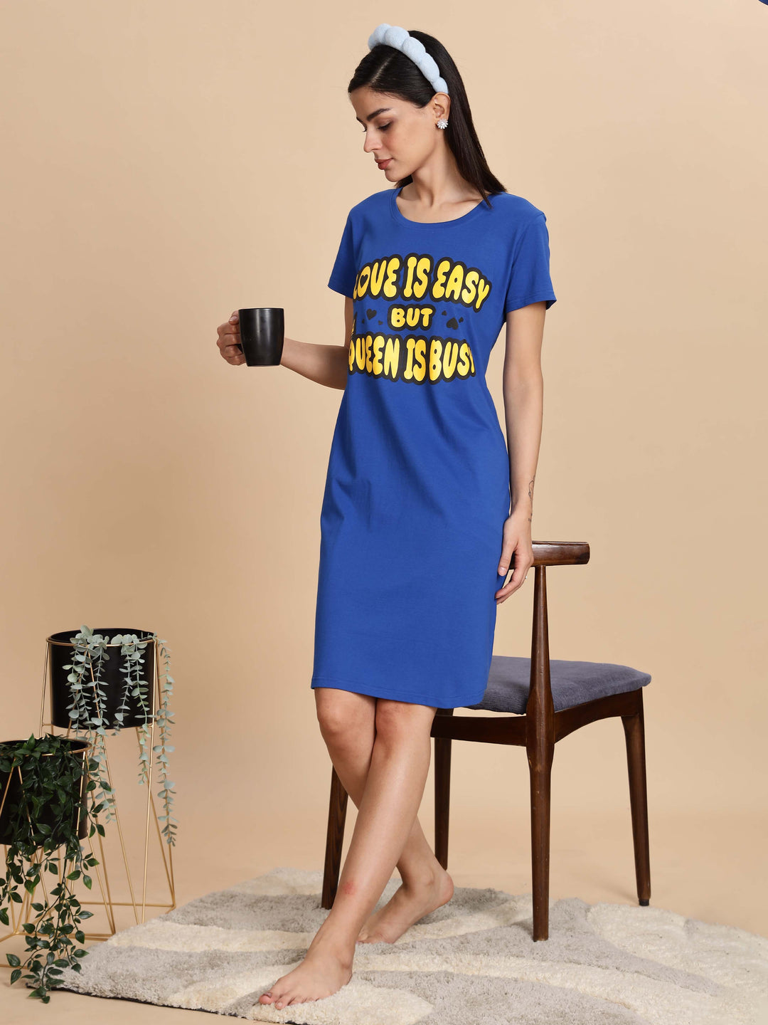 Berry Blue Printed Cotton Short Nighty For Women