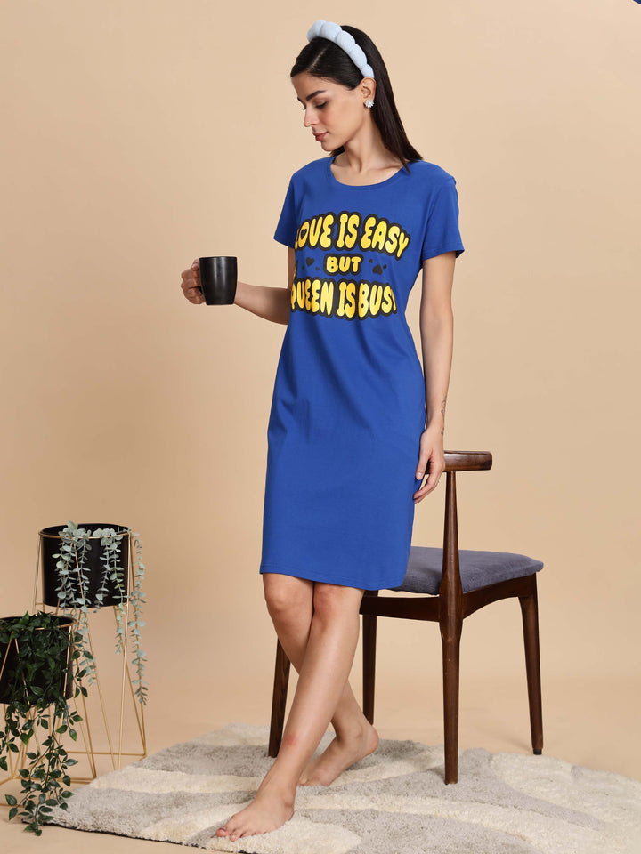 Berry Blue Printed Cotton Short Nighty For Women