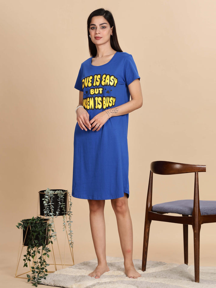 Berry Blue Printed Cotton Short Nighty For Women